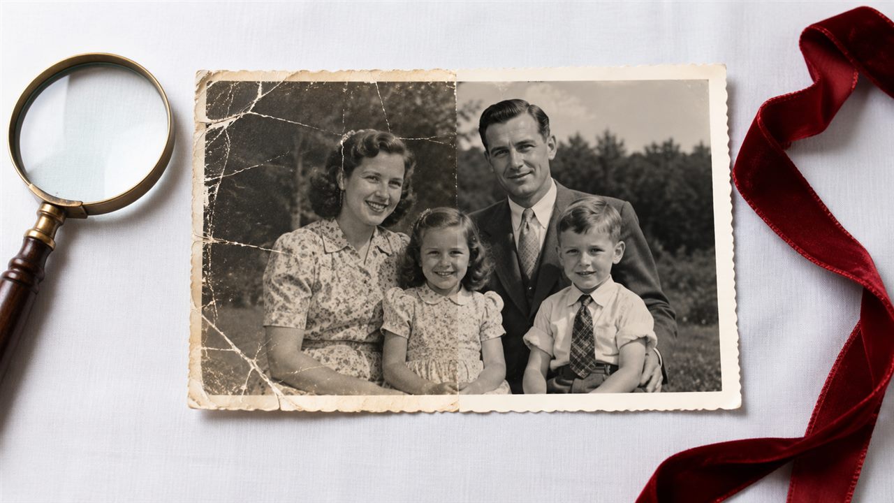 Старая семейная фотография: слева с царапинами, справа отреставрированная