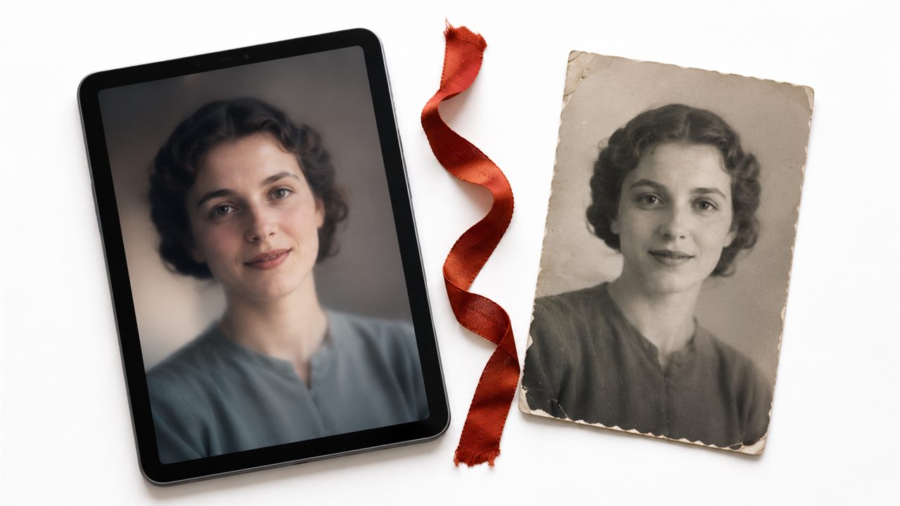 Портрет на планшете рядом с бумажной фотографией